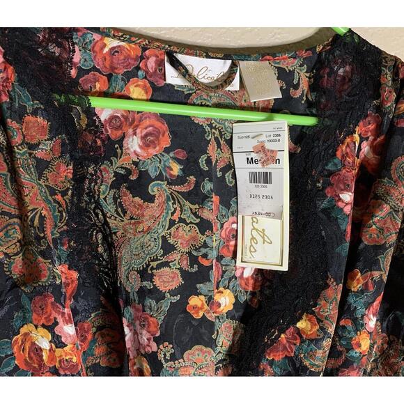 Delicates Womans Robe M Roses Floral Colorful Lace Trim Belted Short Satin Nwt - Picture 2 of 4